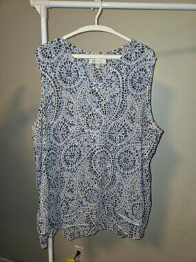 Cristina B. Blue Mosaic Print Sleeveless Top | Size XXL | Lightweight Blouse